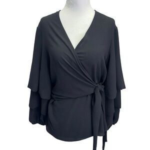 Frank Lyman💜Black V-Neck Cross-Over Bell Sleeve Top Blouse Size 6
